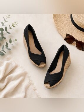 Lauren Ralph Lauren Espadrille Wedges Black Canvas Summer Coastal Chic Sandals